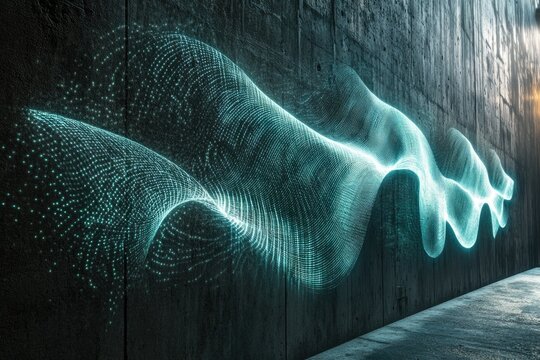 Glowing teal light painting creates a dynamic, flowing wave pattern on a concrete wall. - Powered by Adobe