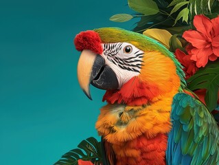 Fototapeta premium Exotic macaw parrot with vibrant plumage and tropical floral accents, perfect for wildlife and travel themes.