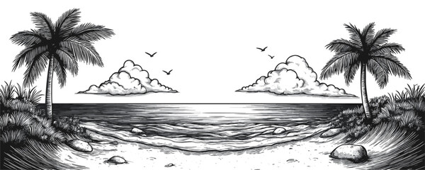 Tropical beach landscape vector icons set in linear style with palm trees and ocean view.