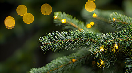 Close Up of Illuminated Pine Tree Branch with Festive Golden Lights and Bokeh Effect for Christmas Holiday Theme