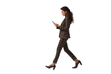 Professional woman walking and typing on a mobile isolated on transparent or white background, png