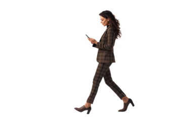 Professional woman walking and typing on a mobile isolated on transparent or white background, png