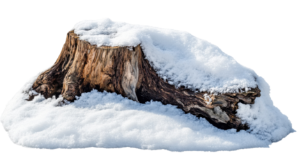 . "An ancient tree stump partially buried under a thick layer of snow, isolated on transparent background, surrounded by untouched snow."