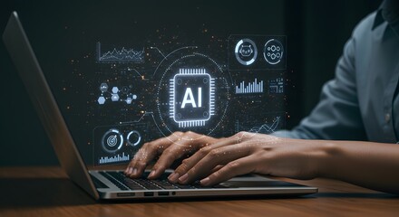 Artificial Intelligence Technology, Futuristic AI Interface, Machine Learning Innovation, AI-Powered Data Analytics, Digital Transformation in Tech.
