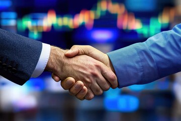 a close-up of two business partners sealing a deal with a firm handshake, symbolizing agreement and collaboration. the background is a blurred trading graph