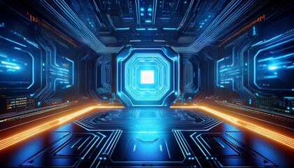 a futuristic illuminated chamber featuring a central blue chip surrounded by glowing circuitry creating a high tech ambiance