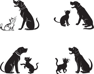 Naklejka premium Four vector-style silhouettes of dogs and cats, showcasing different poses and sizes in a minimalist design