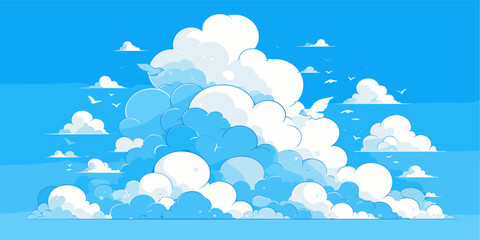 Fluffy blue sky with birds and clouds, flat icons set, vector.