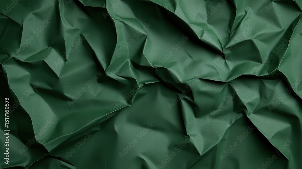 Poster crumpled green wrapping paper creating textured, abstract background pattern with visual depth and g