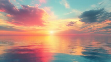 Fototapeta premium Serene Sunset over Calm Ocean Waters: A Vibrant Display of Colors at Golden Hour