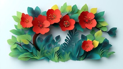 Artistic Paper Craft Depicting Red Flowers and Lush Greenery