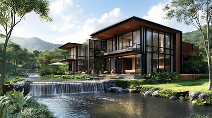 Modern luxury villa nestled in lush greenery beside a tranquil waterfall.