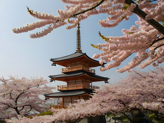 Cherry Blossom Pagoda: A traditional pagoda surrounded by blooming cherry blossoms, framed against a bright blue sky, evoking a sense of serenity and cultural appreciation.