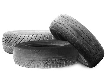 old worn damaged tires isolated on white background