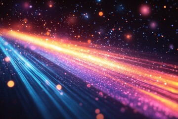 Fototapeta premium Vibrant streaks of light and glittering particles illuminate a dark background, resembling a cosmic highway.