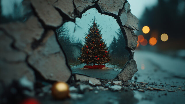 Holiday vibe, A beautifully decorated Christmas tree reflected in a cracked surface, perfect for holiday-themed visuals.