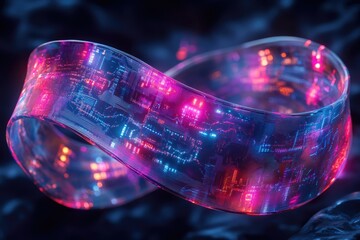A glowing, transparent, circuit-embedded ribbon loops in a mesmerizing, futuristic display.