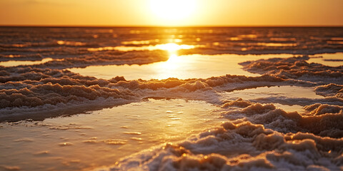 Obraz premium Scenic Sunset at Sea Salt Flats, Landscape Photography, Nature Photography, Beautiful Sunset Over Salt Flats, Golden Hour Picture