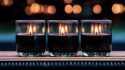Three lit candles in glass holders against a blurred background