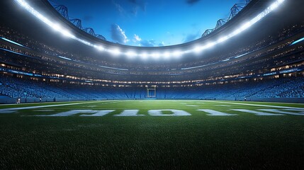 A large stadium illuminated with bright lights on a blue evening