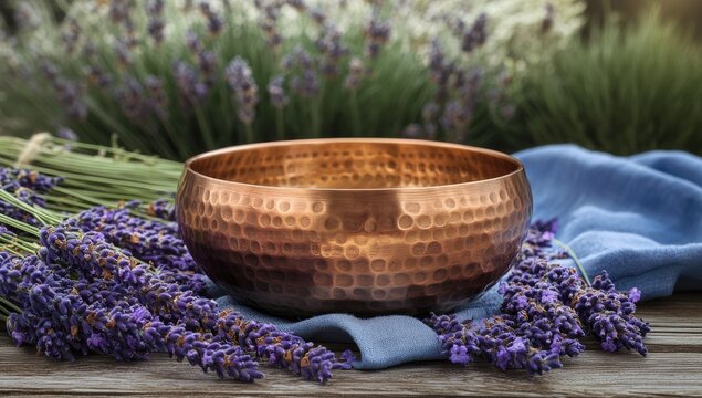 Copper bowl surrounded by lavender sprigs on a wooden surface