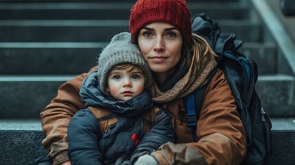 Resilient Bond: A mother embraces her child in a moment of shared strength, sitting on the steps of a modern building, dressed in winter attire, and carrying a backpack.