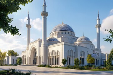 A majestic white mosque with blue domes and minarets, showcasing stunning Islamic architecture.