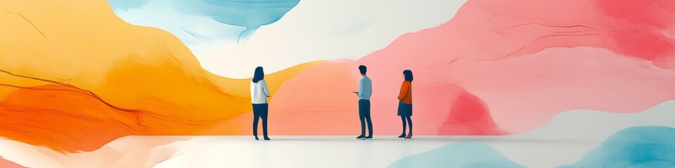 Obraz premium Envisioning New Frontiers: A trio of individuals, dwarfed by a vast and vibrant watercolor backdrop, stand poised, contemplating an artistic and dynamic expanse, inspiring a sense of exploration.
