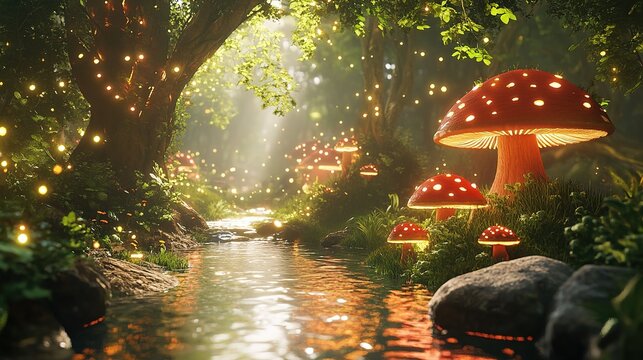 Glowing mushrooms growing next to river in enchanted forest. Ai generative - Powered by Adobe