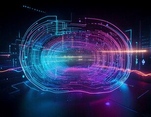 Obraz premium 3D render of a futuristic AI interface with holographic data streams, vibrant neon colors, and ample copy space for tech-related messaging
