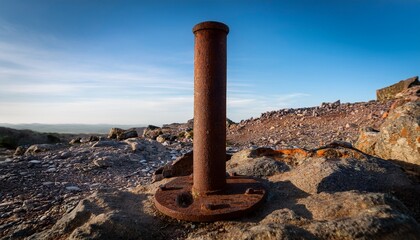 an aged rusty metal object stands upright amidst rocky terrain hinting at past construction or excavation ideal for themes of archaeology history or industrial design