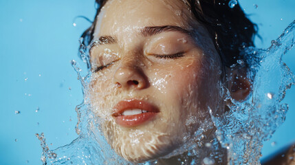 Refreshing water splashes over a serene young woman's face in a tranquil aquatic setting during daytime