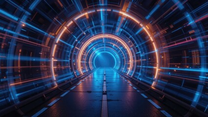 Futuristic Neon Tunnel with Blue and Orange Lights Creating an Abstract Pathway in Dark Environment