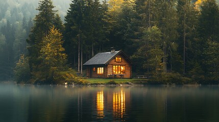 Fototapeta premium Serene Lakeside Log Cabin in a Picturesque Forest at Dusk
