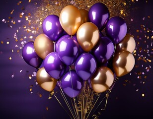 purple and gold celebration balloons with confetti on dark background