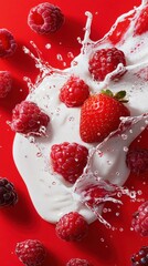 Red Berry Splash with Milk: Raspberry, Strawberry, and Blackberry on Red Background. Refreshing Summer Fruit.