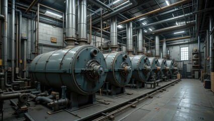 Interior View of an Industrial Machinery Room with Large Equipment and Steel Pipes