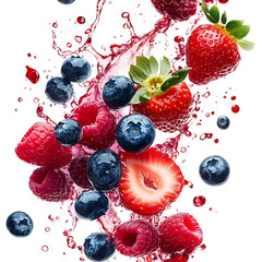 A Burst of Blueberries Raspberries and Strawberries Falling Into Water Splash Isolated on Transparent Background