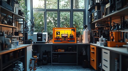 Modern Orange 3D Printer in a Sunlit Creative Workspace Scientific Laboratory or Maker Space