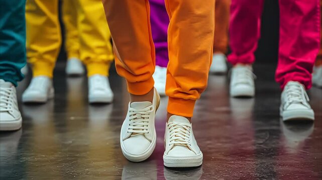 Colorful pants and white sneakers define casual streetwear style, showcasing vibrant fashion and footwear trends for stylish look.