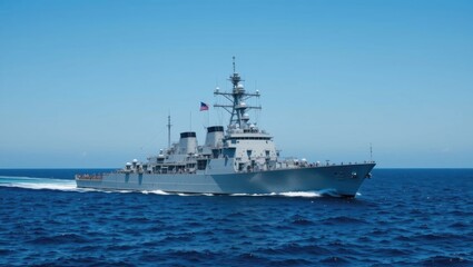 Modern Navy Warship Navigating the Ocean Waves Under Clear Blue Sky
