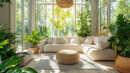 Sunlit Living Room with Modern Sectional Sofa Lush Greenery and Woven Decor