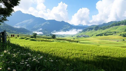 Fototapeta premium Hikers in Rice Terraces, Mountain Valley
