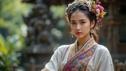 Portrait of a Young Woman in Traditional Clothing Surrounded by Nature with Floral Adornments