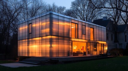 Obraz premium Modern translucent house illuminated at night.