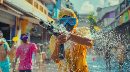 Obraz premium Playful Water Fight Celebrating Summer Fun in Urban Environment