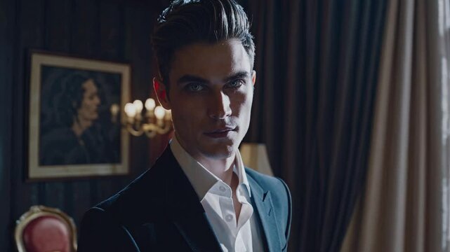 attractive male vampire in a classic suit. protagonist character of a romantic fantasy novel	