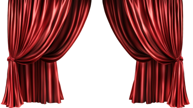 . "A rich, luxurious set of red stage curtains drawn partially open, isolated on transparent background, showcasing the deep velvet texture