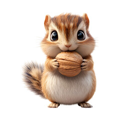 A Fluffy 3D Cartoon Chipmunk Holding an Oversized Nut Isolated on Transparent Background