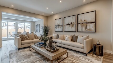 Modern Beige Living Room Interior Design with Abstract Art and Cozy Sofa